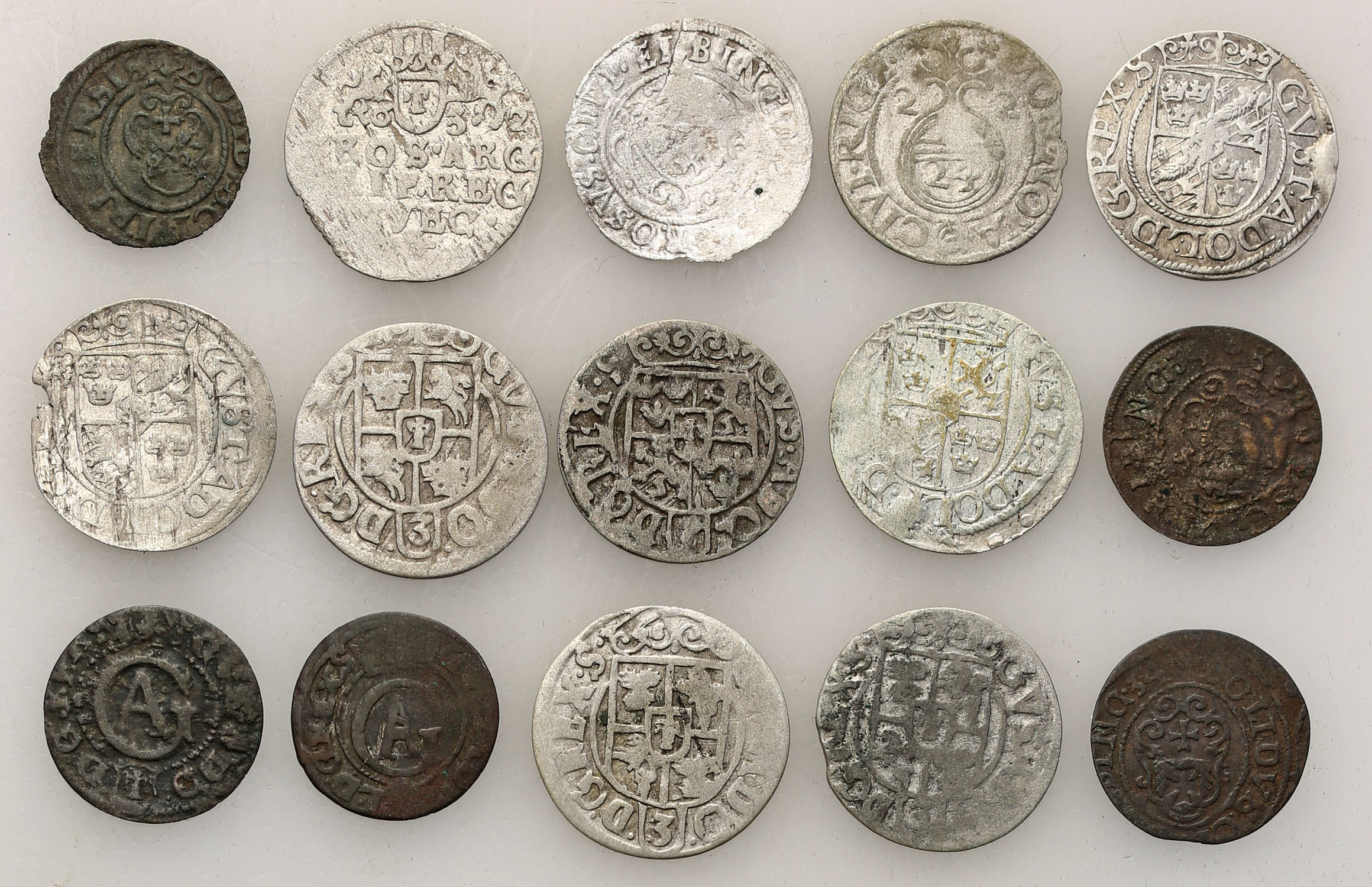 Jan II Kazimierz - okupacja szwedzka Gustawa II Adolfa, zestaw 15 monet od szeląga do trojaka